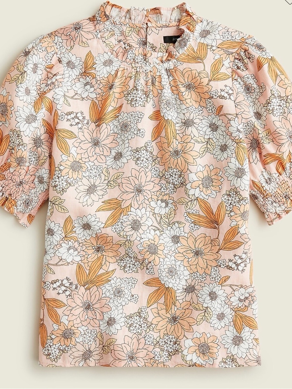 Jcrew Smocked puff-sleeve linen top in zinnia floral